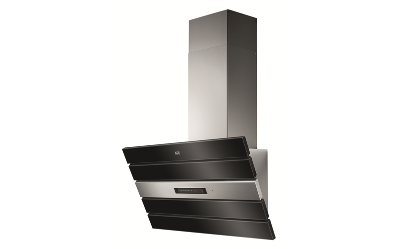 90cm inclined canopy rangehood, black glass & stainless steel