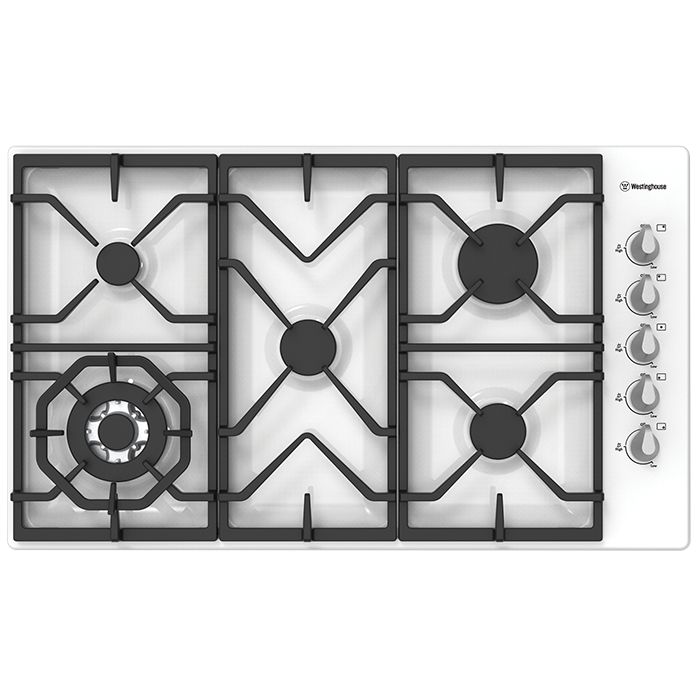 90cm white enamel gas cooktop with wok & cast trivets (WHG955WA